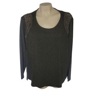 GRACE Elements Woman Embellished Shoulder‎ Long Sleeve Top Heather Graphite 2X